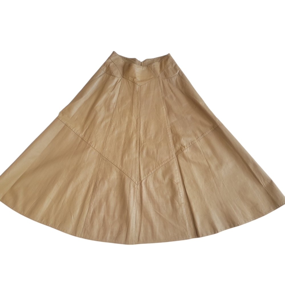 Vintage Women’s Tan Genuine Leather A-Line Skirt With Side Pockets M/L - Picture 3 of 8